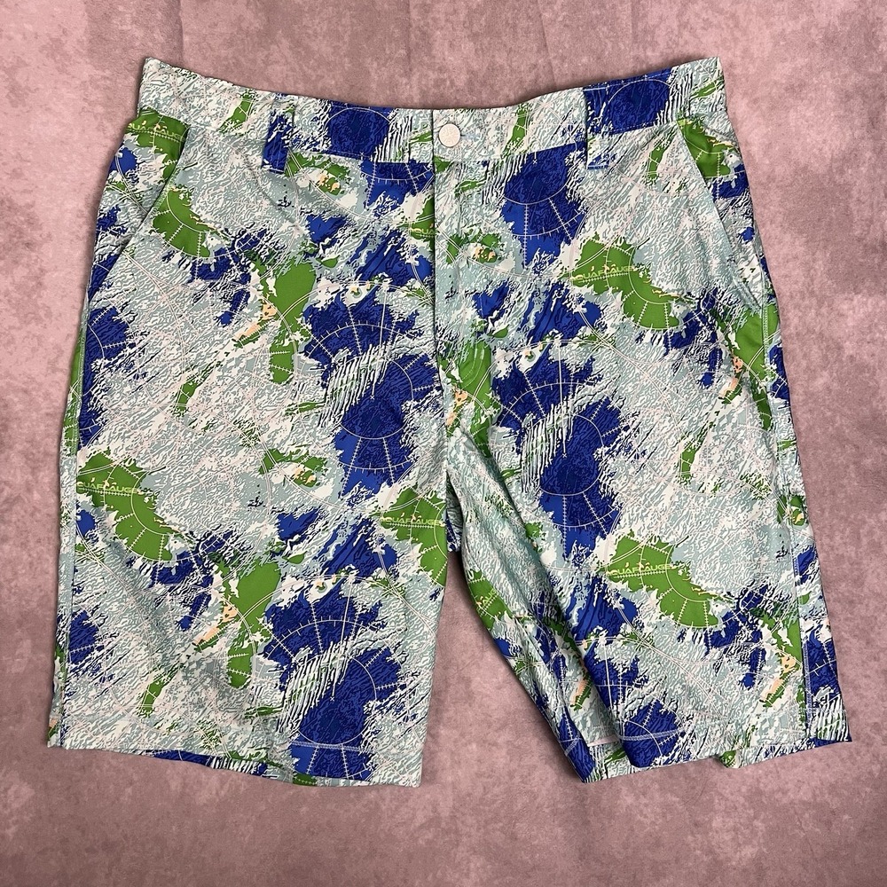 Reel Legends Aquaflauge Swimsuit Mens Large Performance Polyester Blue Green Map